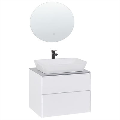 Badmöbel Weiß MDF Platte Keramik 60 x 49 x 48 cm runder LED Spiegel 60 cm Modern 2 Schubladen Hängeschrank Aufsatzwaschb