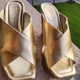 Jessica Simpson Shoes | Gold Criss Cross Wedge Mule, 7 M By Jessica Simpson | Color: Gold/Tan | Size: 7