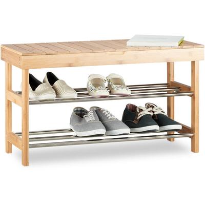 Relaxdays Schuhregal mit Sitzfläche, Bambus Schuhschrank f. 6 Paar Schuhe, Sitzbank m. Stauraum Image