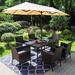 Lark Manor™ Alyah 7-piece Metal Steel Outdoor Pe Rattan Wicker Dining Set w/ Umbrella, Navy Blue Cushions, Rectangular Dining Table Metal | Wayfair