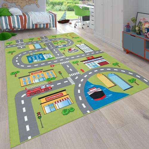 Teppich Kinderzimmer Kinderteppich Spielteppich Straßen Und Auto Motiv Grün Grau 80x150 cm - Paco
