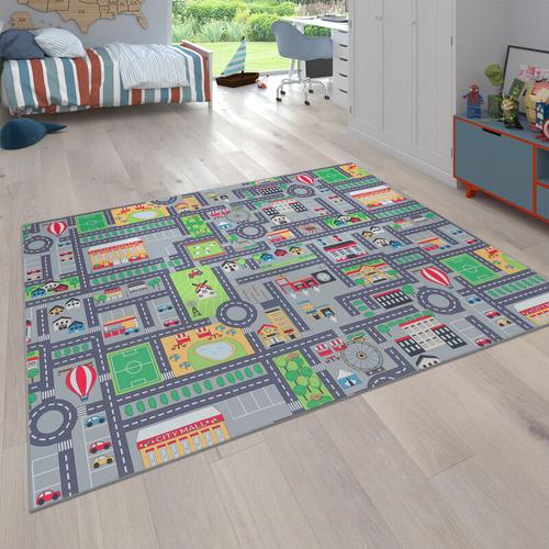 Spielteppich Kinderteppich Kinderzimmer Straßenteppich Mit Auto Motiv, In Grau 100x200 cm - Paco