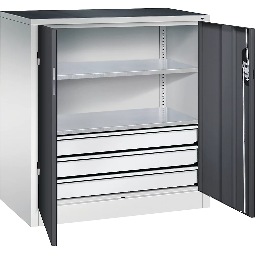 Armoire d'atelier hauteur bureau avec portes battantes et tiroirs C+P
