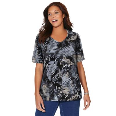 Plus Size Women's Suprema® Short Sleeve V-Neck Tee by Catherines in Black Palm Leaf (Size 3X)