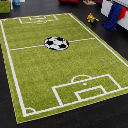 Teppich Kinderzimmer Jungs Fußball Spielteppich Kinderteppich Fußballplatz Grün 80x150 cm - Paco