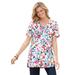 Plus Size Women's Perfect Printed Short-Sleeve Shirred V-Neck Tunic by Woman Within in White Painterly Bloom (Size 2X)