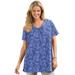 Plus Size Women's Perfect Printed Short-Sleeve Shirred V-Neck Tunic by Woman Within in French Blue Paisley (Size L)