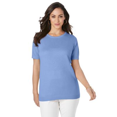 Plus Size Women's Fine Gauge Crewneck Shell by Jessica London in French Blue (Size 12) Short Sleeve Sweater