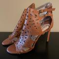 Jessica Simpson Shoes | Jessica Simpson Lattice Cut High Heel Sandals, Faux Leather Size 9 Caramel Brown | Color: Brown | Size: 9