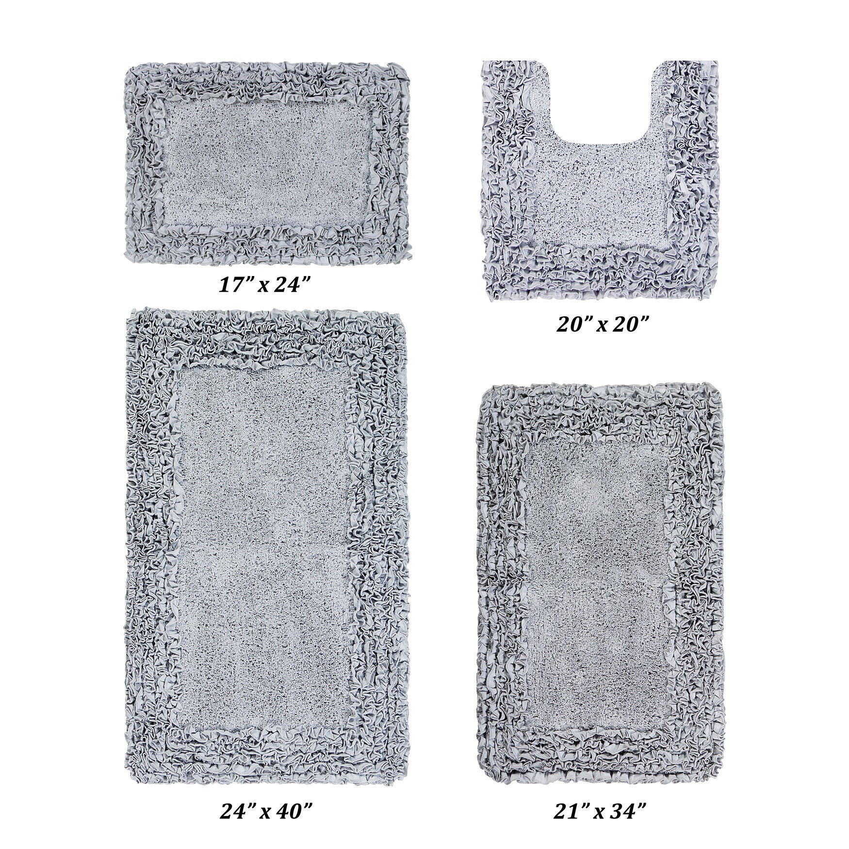 Shaggy Border Bath Rug Mat, 4 Pc Set, (17" X 24" | 20" X 20" | 21" X 34" | 24" X 40") by Better Trends in Silver