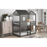 Contemporary Style Twin Over Twin Bunk Bed Wood Loft Bed with Roof, Window, Guardrail, Ladder