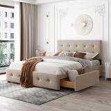 Contemporary Style Upholstered Platform Bed with Classic Headboard and 4 Drawers, No Box Spring Needed, Queen Size