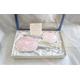Boxed vintage 3 piece silver vanity set with pretty pink and white floral lace fascias, hairbrush clothes brush & comb-vintage collectible