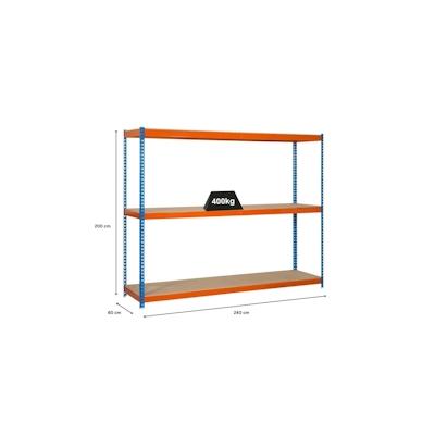 PROREGAL Schwerlastregal WOOD BEAST THREE | HxBxT 200x240x60cm | 3 Ebenen | Fachlast 400kg | Blau-Orange | Werkstattrega