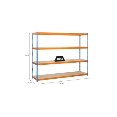 PROREGAL Schwerlastregal WOOD BEAST FOUR | HxBxT 200x240x60cm | 4 Ebenen | Fachlast 400kg | Blau-Orange | Werkstattregal