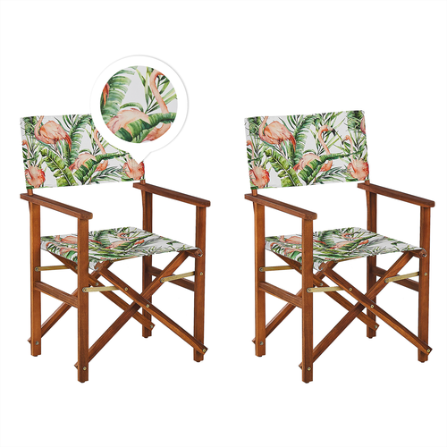 Gartenstühle 2er Set Dunkles Akazienholz mit 4 Wechselbaren Stoffbezügen Cremeweiß/Bunt Flamingomuster Zusammenklappbar Outdoor Gartenzubehör