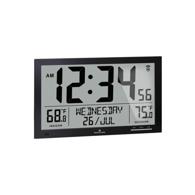 Marathon Slim Atomic Full Calendar Wall Clock w/ Indoor/Outdoor Temperature Black 14.6in x 1.2in x 9in CL030066-BK-FD-NA