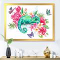 East Urban Home Green Chameleon w/ Butterflies & Flowers III - Painting on Canvas Canvas, in Blue/Green/Pink | 25.5 H x 33.5 W x 1 D in | Wayfair