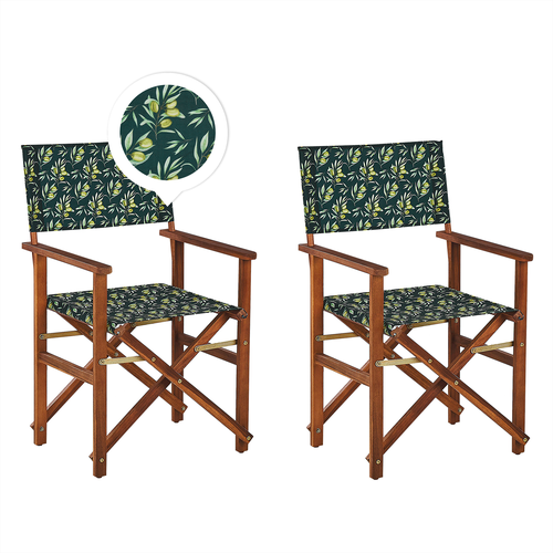 Gartenstühle 2er Set Dunkles Akazienholz mit 4 Wechselbaren Stoffbezügen Grau und Grün mit Olivenmuster Zusammenklappbar Outdoor Garten