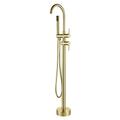 Freestanding Bathtub Faucet Double Handle Floor Mount Tub Filler Brass Freestanding Bath Taps with Handheld Shower and 360° Swivel Spout,Brushed Gold