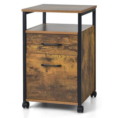 Costway 2 Drawer Mobile File Cabinet Printer Stand with Open Shelf for Letter Size-Rustic Brown
