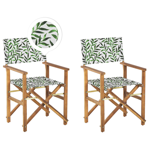 Gartenstühle 2er Set Helles Akazienholz mit Wechselbarem Bezug Cremeweiß / Grün Zusammenklappbar Blattmuster Outdoor Gartenzubehör