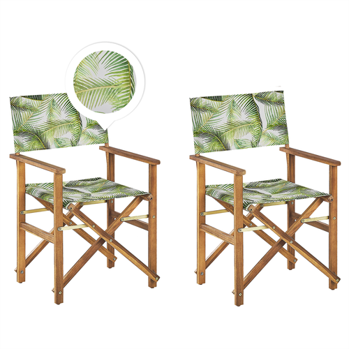 Gartenstühle 2er Set Hellbraunes Akazienholz mit Wechselbarem Bezug Grau / Hellgrün Zusammenklappbar Palmenmuster Outdoor Gartenzubehör