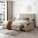 Elegant Design Upholstered Platform Bed with Classic Headboard and 4 Drawers, Linen Fabric, Queen Size-Gray Beige