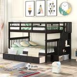 Modern Stairway Full-Over-Full Bunk Bed with Drawer, Storage and Guard Rail for Bedroom, Convertible into 2 Individual Beds