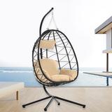 Dakota Fields Enriko Swing Egg Chair, Hanging Chair, UV Resistant Cushion w/ Stand, Patio Wicker Rattan Chair Wicker/Rattan in Brown | Wayfair