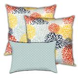 Sunshine Blossums Indoor/Outdoor, Zippered Pillow Cover with Insert, Set of 2 Large & 1 Lumbar, Seafoam, Orange, Yellow