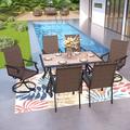 Lark Manor™ Alyah Rectangular 7-pieces Patio Dining Set Rattan Chairs Metal Table w/ Umbrella Hole & Pvc Tabletop Plastic/Metal in Black | Wayfair