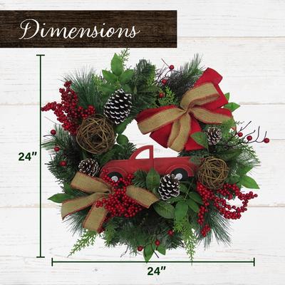 24-in. Christmas Wreath with Pinecones, Burlap Bows and Wooden Truck Decoration - Fraser Hill Farm FF024CHWR016-0GR