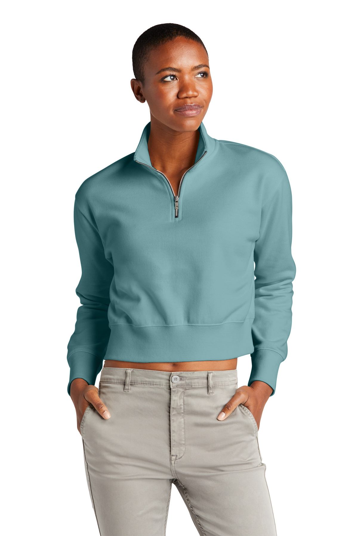 District DT6111 Women's V.I.T. Fleece 1/2-Zip T-Shirt in Eucalyptus Blue size XS | Cotton/Polyester Blend