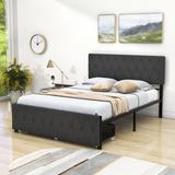 Isabelle & Max™ Platform Bed, Metal Bed Frame w/ A Big Drawer Metal in Gray/Black | 40 H x 56 W x 77 D in | Wayfair