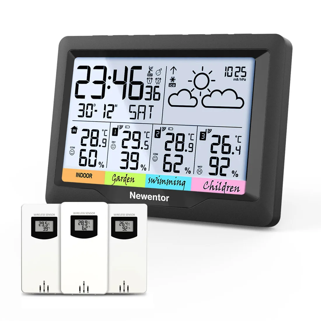 Thermomètre et hygromètre numérique sans fil, Station météo intérieure et extérieure, réveil de Table, 3 capteurs, température et humidité