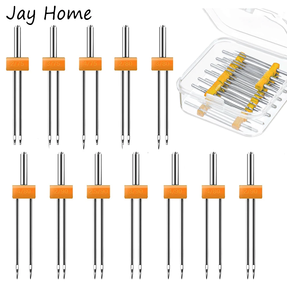 10 pièces Machine à coudre aiguilles jumelles Double aiguilles broches aiguilles extensibles jumelles avec boîte en plastique pour Machine à coudre domestique