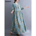 Robe florale vintage à manches longues pour femmes col rond bleu décontracté dame de bureau