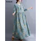 Robe florale vintage à manches longues pour femmes col rond bleu décontracté dame de bureau