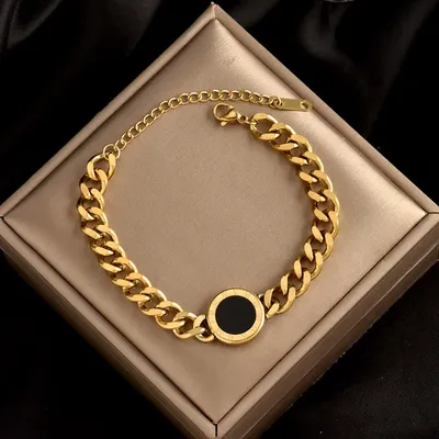 Bracelet avec pendentifs ronds en acier et titane pour femme chaîne épaisse couleur argent or