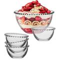 Large Glass Bowl Set Decorative Trifle Serving Bowl & Set of 4 Beaded Edge Dessert Bowls Alfresco Dining Serveware
