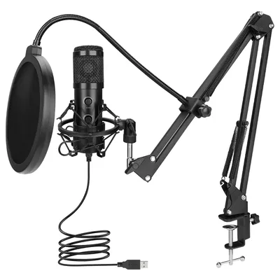 Microphone à condensateur USB cardioïde pour ordinateur support de bras en métal réglable pour les