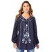 Plus Size Women's Embroidered Boho Tunic by Roaman's in Navy Boho Floral Embroidery (Size 12 W)