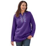 Plus Size Women's Embroidered Thermal Henley Tee by Woman Within in Radiant Purple Vine Embroidery (Size 2X) Long Underwear Top