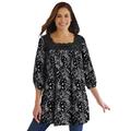 Plus Size Women's Lace Trim Three-Quarter Sleeve Tunic. by Woman Within in Black Petal Paisley (Size L)