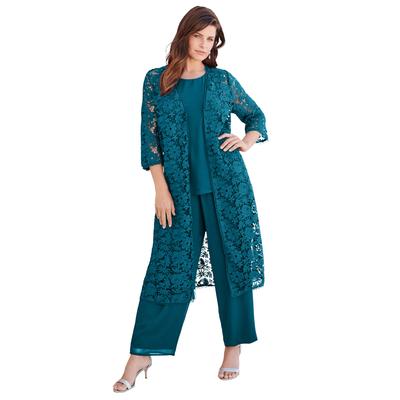 Plus Size Women's Three-Piece Lace Duster & Pant Suit by Roaman's in Deep Teal (Size 22 W)