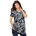 Plus Size Women's Short-Sleeve V-Neck Ultimate Tunic by Roaman's in Black Butterfly Bloom (Size 5X) Long T-Shirt Tee
