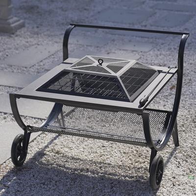 Patio Fire Pits Outdoor with Wheels and 27" Steel Square Firepit BBQ Grill