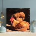 Gracie Oaks Brown & Red Rooster Standing On Brown Wooden Floor - 1 Piece Square Graphic Art Print On Wrapped Canvas Metal in Black | Wayfair