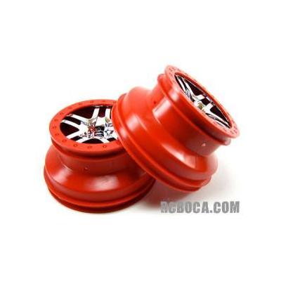 Traxxas Wheels, SCT Split-Spoke, Chrome, Red Beadlock Style